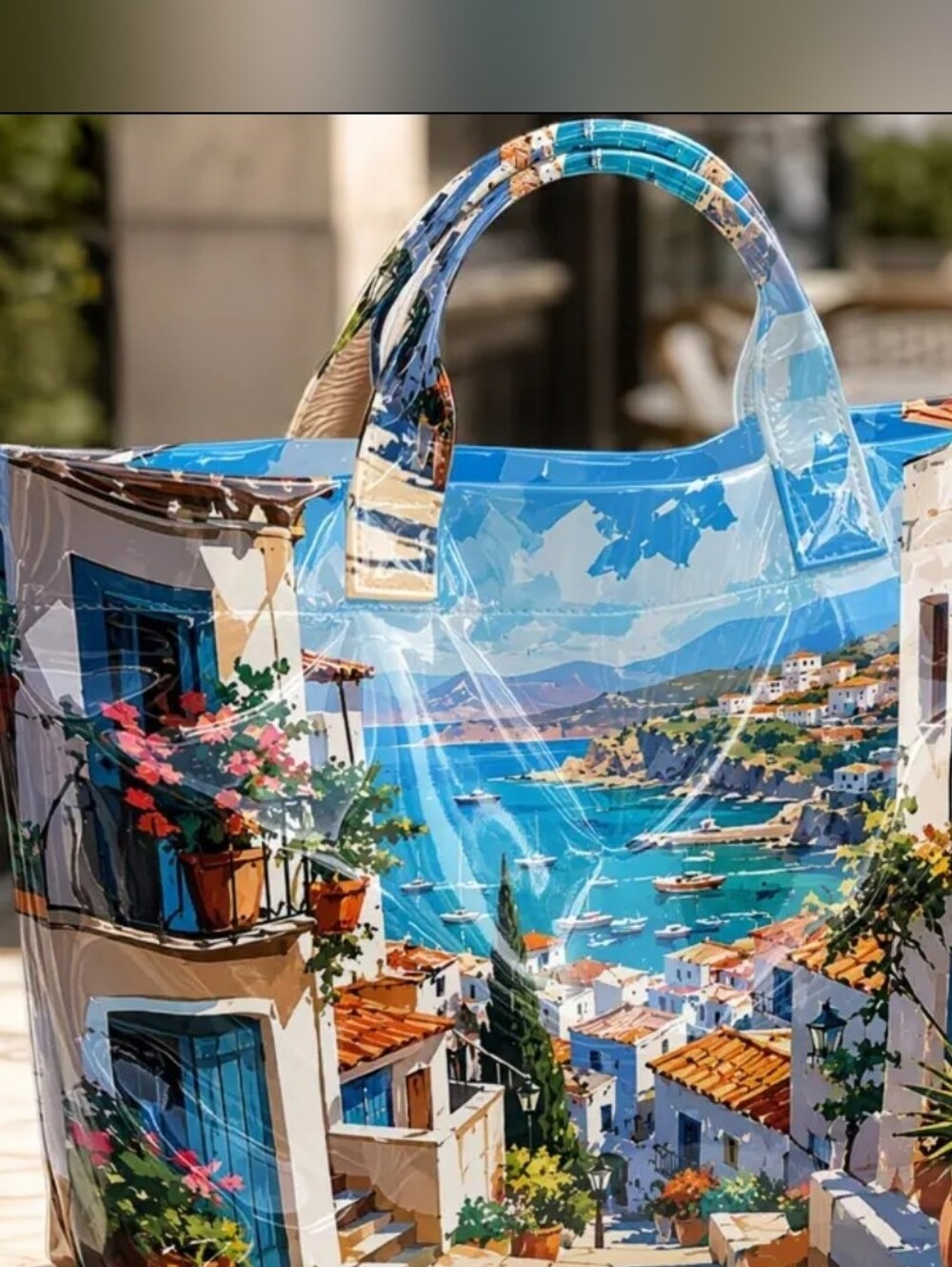 Women Large Mediterranean Santorini Scenery Capacity Shoulder Tote - Picture 2 of 7